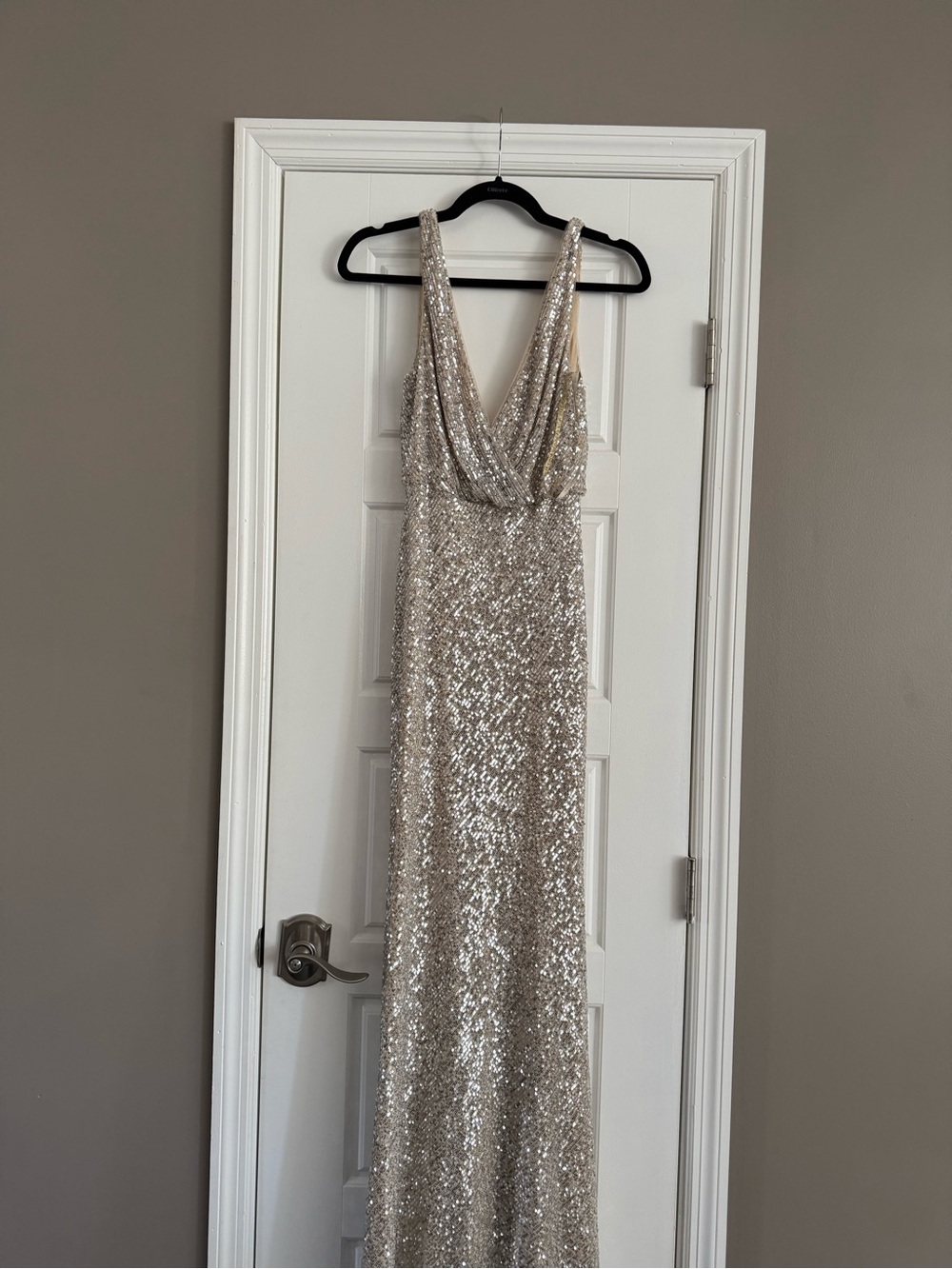 JENNY YOO Champagne Satin Dress with Sequin Trim
